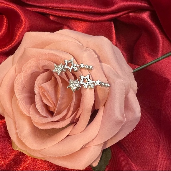 Silver Star Rhinestone Ear Climber Earrings | Celestial Sparkle Cuff Style - Picture 7 of 10
